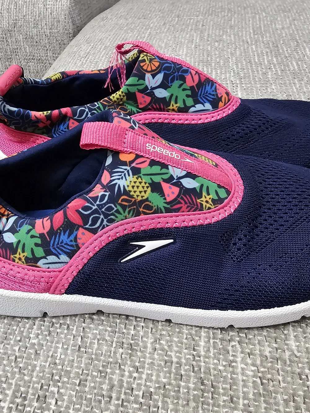 Speedo Kids Navy Slip-On Water Shoes with Pink Trim and Tropical Print